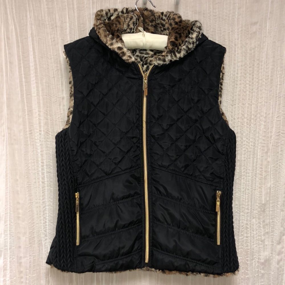 1826 Jeans L Black Brown Faux Fur Lined Quilted Full Zip Reversible Hooded Vest